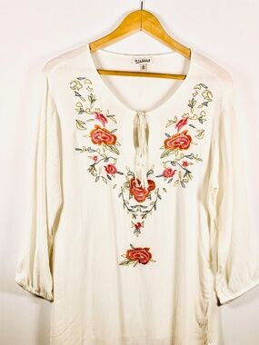 Mileage boho folk floral embroidered peasant blouse white red tassel tie neck